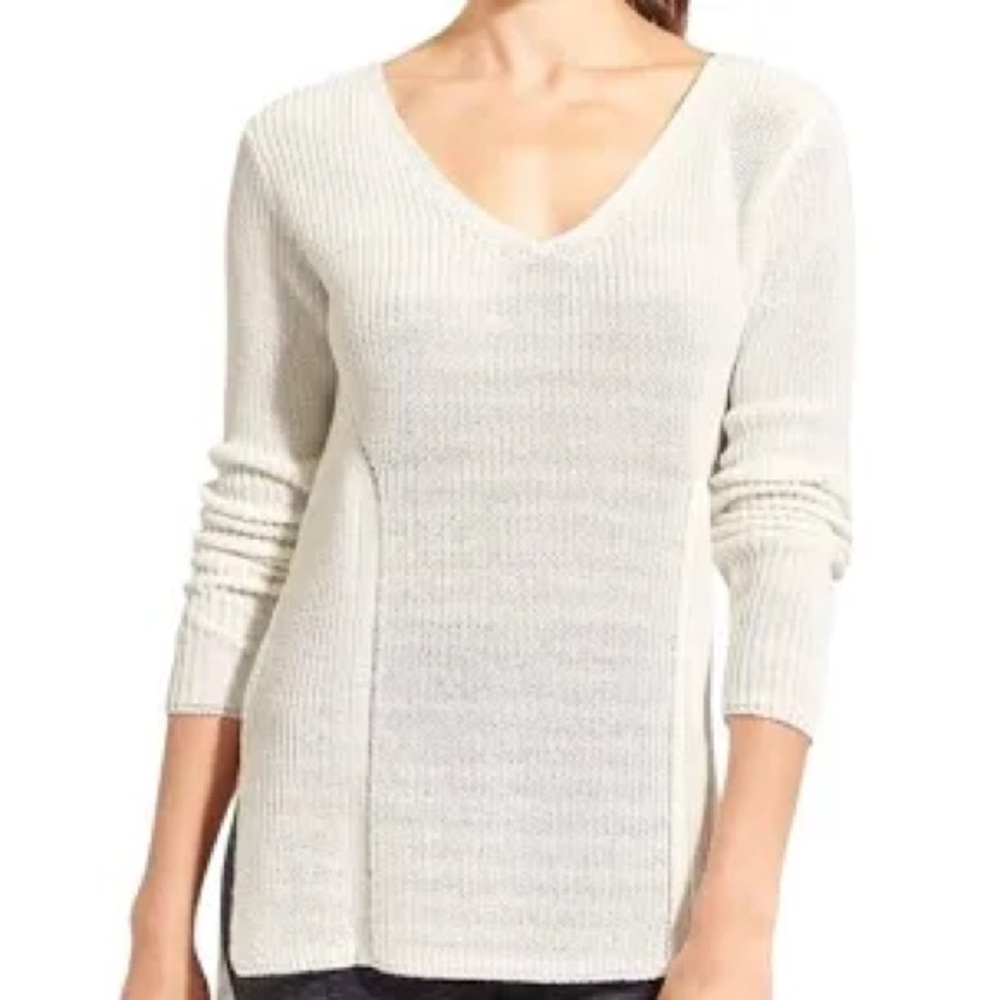 Athleta Women's Highline Knit Sweater Tunic Long Sleeve White V-Neck Size Large